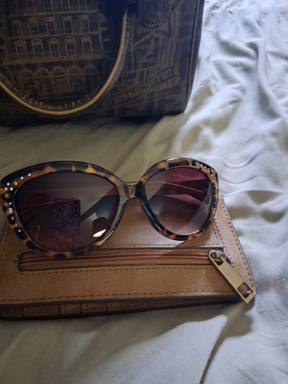 Women's Tortoiseshell Sunglasses with Rhinestone Accents - Brown